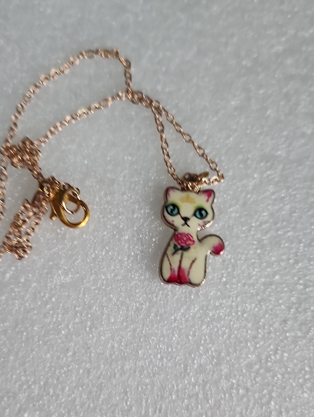 Hand Crafted Cream Cat Pendant Necklace with Pink Accents